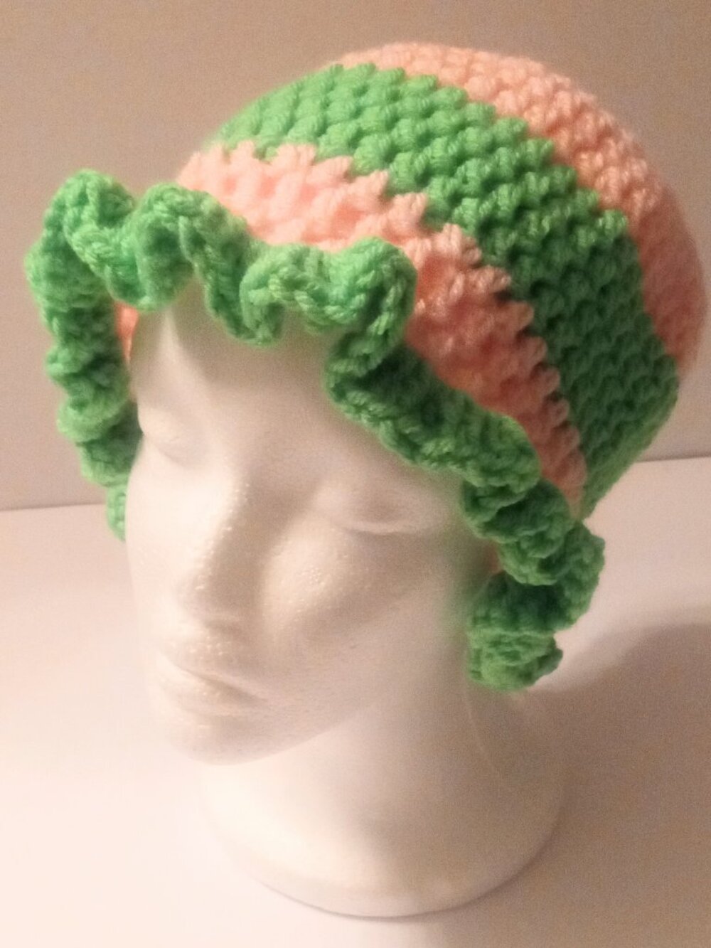 Handmade Crochet Women's Pink & Green Ruffle Hat – – Unique Handcrafted